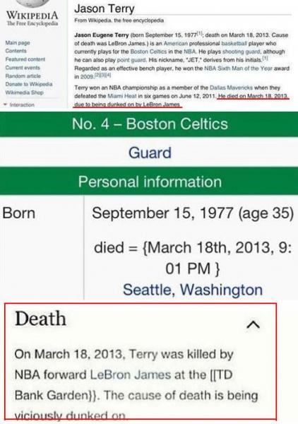 囧!特里“被死亡”,维基百科词条被改“死”于皇帝暴扣之下