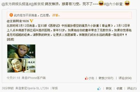 艺术家六小龄童被去世，微博转发笑脸辟谣现身澄清公布造谣者QQ