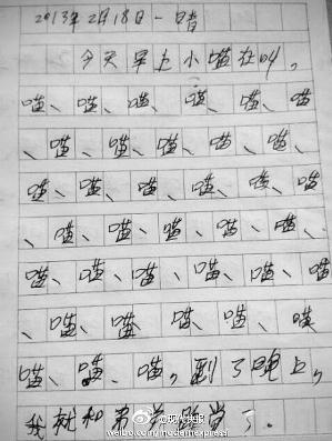 小学生雷人奇葩作文乐翻网友：100字作文有36个喵字，让老师差点哭了