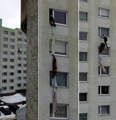 为了自由,被老婆反锁的男子用床单从8楼逃生摔下7楼掉入楼底雪堆