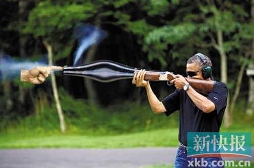 恶搞奥巴马：美国网友“神PS”恶搞奥巴马持枪射击图片