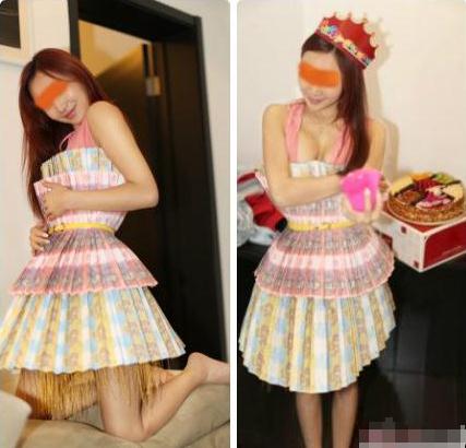 坑爹炒作：北京女子微博晒干爹赠送连体钞票礼服，称价值20万元