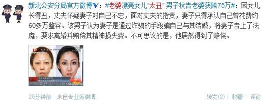 【老婆太丑】老婆漂亮女儿太丑,男子告整容老婆获赔75万,是整容医院炒作吗
