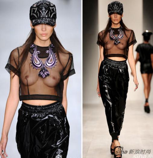 时装周男女模特露肉装-KTZ秀场:彻底的黑纱透视