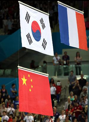 200米自由泳中韩国旗上下放-柔道日韩国旗并排放