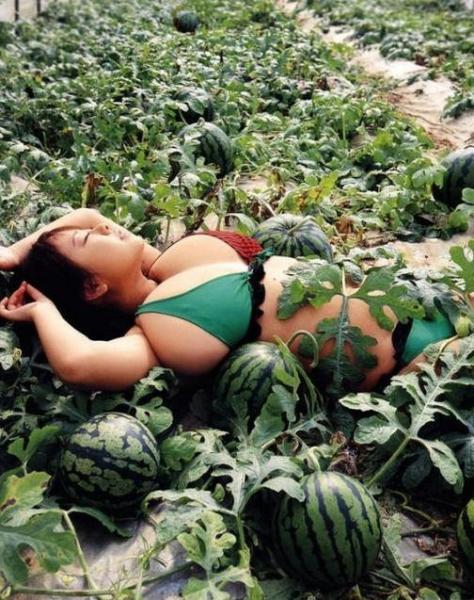 比比谁种的西瓜大?大胸美女与西瓜的对比